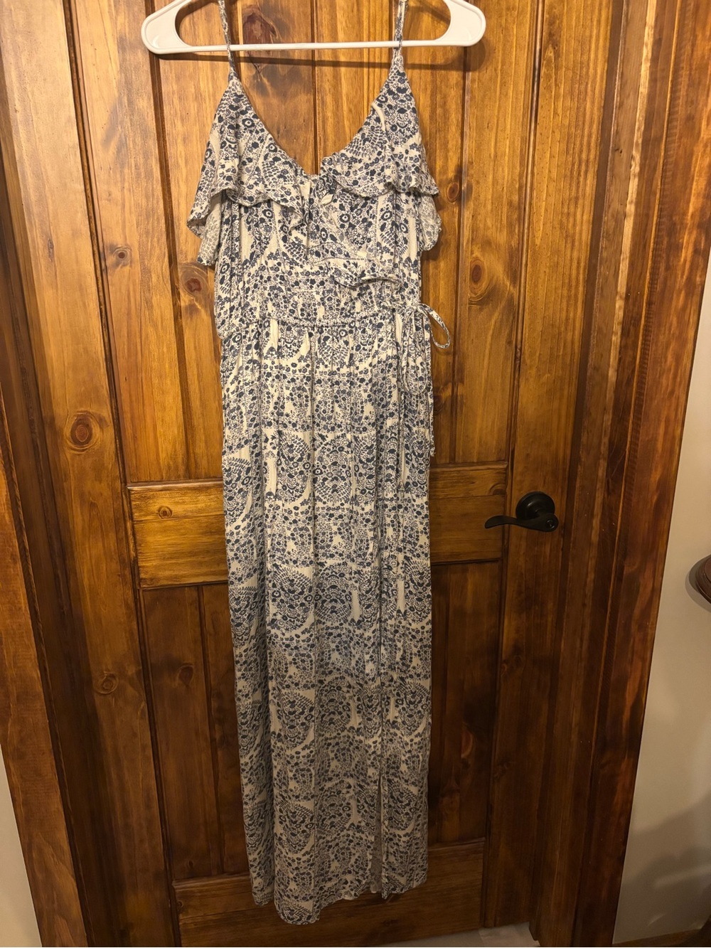 American Eagle Outfitters Blue and White Printed Maxi Dress with Ruffle V-Neck